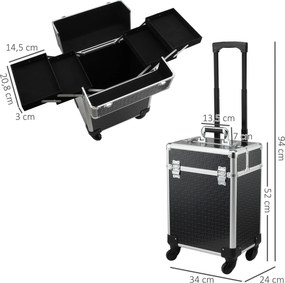 Maleta Trolley de Maquilhagem 34 L Compartimentos Ajustáveis Rodas 360° Fechadura de Segurança