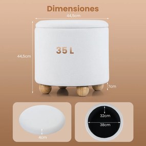 Banco redondo com arrumação 35 L oculta estofado em chenille, tampo removível e pernas de madeira para sala ou quarto branco