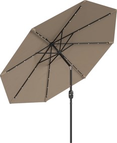 Outsunny Chapéu de Sol com 32 Luzes LED Solares Ø265 cm, Inclinável com Manivela e Mastro de Aço para Terraço, Pátio e Exterior Cáqui | Aosom Portugal