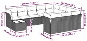 11 pcs conjunto sofás de jardim c/ almofadões vime PE cinzento