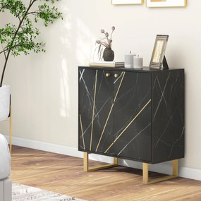Aparador com 2 portas e prateleira ajustável, pés em metal, 76 x 35 x 77 cm, tom de mármore preto