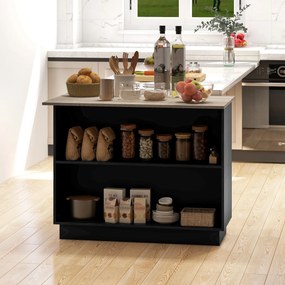 Mesa de apoio para ilha de cozinha com prateleira ajustável (BANCOS NÃO INCUIDOS), 2 compartimentos abertos, 2 armários e bancada com efeito de madeir