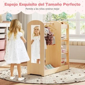 Guarda roupa para crianças com espelho, cabideiro, armário para guardar brinquedos e fantasias 93,5 x 38 x 100 cm Natural