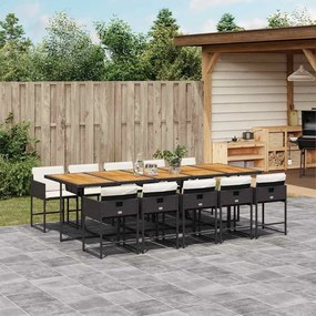 11 pcs conjunto de jantar p/ jardim c/ almofadões vime PE preto