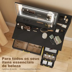 Toucador de Maquilhagem com Espelho, Luzes LED Estação de Carregamento 4 Gavetas e Banco 88x40x134 cm Preto