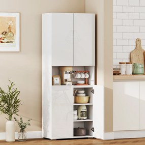 Armário de Cozinha Móvel Auxiliar de Cozinha com 4 Portas Compartimento Aberto Prateleiras Ajustáveis 68x34x180 cm Branco Brilhante