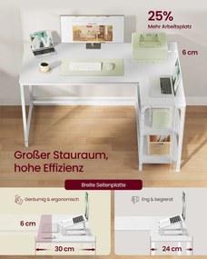 Secretária de canto 120 x 80 cm, em forma de L com prateleira regulável em altura,  branco