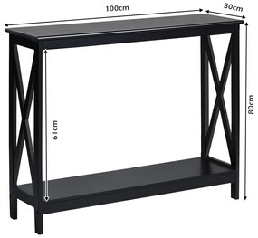 Mesa consola rústica com 2 níveis e prateleira em X para entrada, corredor e sala 100 x 30 x 80 cm preta