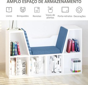 Estante para Livros com Banco Integrado e 6 Cubos com Assento 102x30x61 cm Branco e Azul
