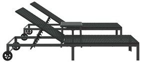 Espreguiçadeiras 2 pcs com Rodas e Mesa em Rattan Preto