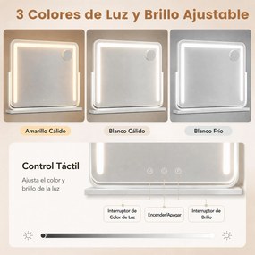 Espelho de Maquilhagem Giratório, 60 x 10 x 52 cm, Iluminação LED Ajustável, Branco