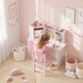 Secretária Infantil com Cadeira, Suporte Ajustável para Tablet, Porta-lápis, Quadro de Cortiça, Estantes e Armários, Rosa