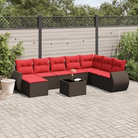 vidaXL 9 pcs conjunto sofás p/ jardim c/ almofadões vime PE castanho