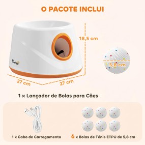Lançador Automático de Bolas para Cães com 6 Bolas em ETPU e 3 Distâncias Ajustáveis 6/10/14 m, Laranja