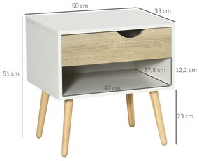 HOMCOM Conjunto de 2 Mesas de Cabeceira Mesa Auxiliar com 1 Gaveta e Prateleira de Armazenamento para Dormitório Sala de Estar Escritório Estilo Moderno 50x39x51cm Branco e Carvalho