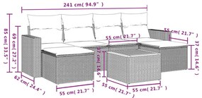 7 pcs conjunto sofás p/ jardim c/ almofadões vime PE cinzento