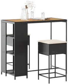 vidaXL 3 pcs conjunto de bar para jardim c/ almofadões vime PE preto