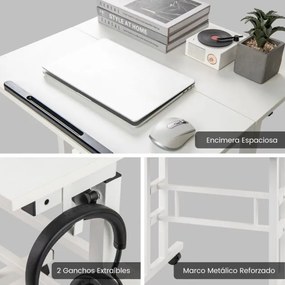 Secretária de pé para computador 60 x 30 x 72-124 cm com rodas Altura ajustável Tampo dividido e ângulo ajustável 2 ganchos Branco