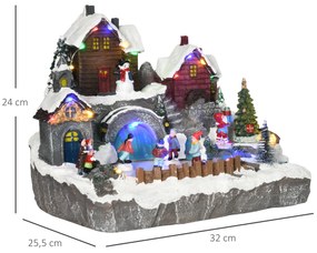 HOMCOM Aldeia de Natal Cena Decorativa de Natal Iluminada com Luzes LED Árvore Giratória e Pista de Patinagem Decoração de Natal de Mesa 32x25,5x24cm Multicor