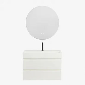 Conjunto De Móvel De Casa De Banho Em Madeira E Chapa De Freixo Com Lavatório Integrado Ona Branco & Redondo Led E Anti-embaciamento Ø70 - Sklum