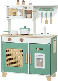 AIYAPLAY Cozinha de Brincar em Madeira com Cafeteira, Máquina de Gelo, 19 Acessórios, Micro-ondas e Arrumação, 3-6 Anos, Verde | Aosom Portugal