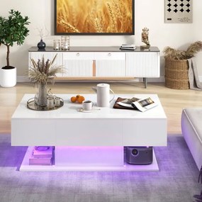 Mesa de centro LED moderna de 2 níveis com 20 luzes LED coloridas 2 gavetas para arrumação retangular 110 x 60 x 40 cm Branca