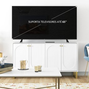 Aparador Moderno para Sala de Estar com Prateleiras Ajustáveis e Pés Dourados Móvel para TV até 65 Polegadas 140,8x35x77,5 cm Branco