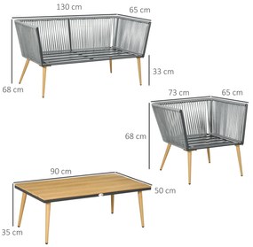 Conjunto de Móveis de Jardim de Vime 4 Peças Conjunto de Jardim com Sofá de 2 Lugares 2 Poltronas e Mesa de Centro com Bancada de Madeira e Plástico p