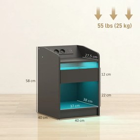 Mesa de Cabeceira com Luzes LED Gaveta 40x40x58 cm com Estação de Carregamento Entrada USB e Controlo Remoto Preta