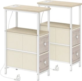 Conjunto de 2 Mesas Cabeçeiras ou mesas Apoio Estreitas 20x40x63 cm com Tomada AC Porta USB Porta USB-C 2 Gavetas Madeira e Branco