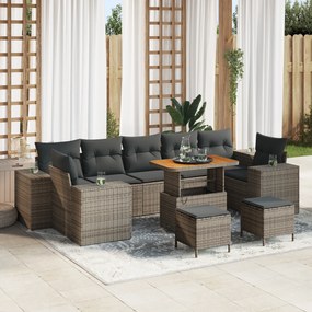 Conjunto de Sofá de Jardim de 10 Peças com Almofadas Cinza Rattan Poli