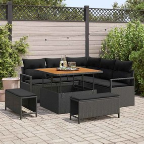 Conjunto de Sofá de Jardim vidaXL de 8 Peças com Almofadas Preto de Rattan Poliéster Acácia