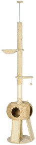 PawHut Arranhador para Gatos do Chão ao Teto de 225-255 cm com Caverna Plataformas Rede Postes de Arranhar Ø48x225-255 cm Bege