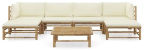 7 pcs conj. lounge p/ jardim em bambu c/ almofadões branco nata