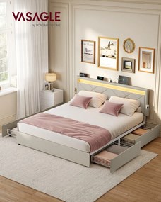 Estrutura de cama casal 140 x 200 cm (COLCHÃO NÃO INCLUIDO) em metal com iluminação LED nas gavetas e cabeceira bege cappuccino