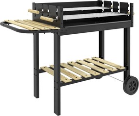 Churrasqueira a Carvão 113x53,5x82,5 cm com 2 Grelhas Alturas Ajustáveis Mesa Lateral, Prateleira e Rodas para Jardim Preto