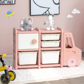 Organizador de brinquedos para crianças Estante infantil em forma de camião com 2 recipientes 2 gavetas Armarios 110 x 32 x 66 cm Rosa