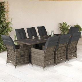 vidaXL 9 pcs conjunto bistrô de jardim c/ almofadões vime PE cinzento