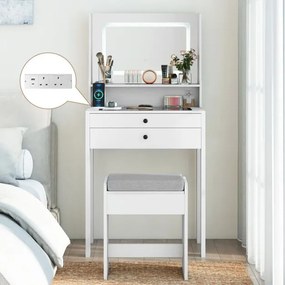 Toucador com espelho e iluminação Mesa de maquilhagem com tomadas elétricas 3 modos de iluminação e banco acolchoado branco