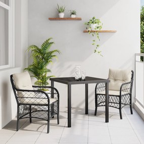 vidaXL Conjunto de Jantar de 3 Peças com Almofadas Preto Rattan Poliéster