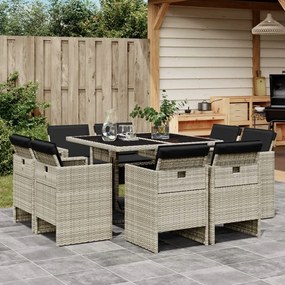 vidaXL 9 pcs conjunto de jantar p/ jardim c/ almofadões cinzento claro
