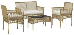 Conjunto de Móveis de Jardim em Vime PE – 4 Peças – Aço e Vidro – Bege