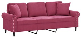 Sofá 3 lug. + almofadas decorativas 180cm veludo vermelho tinto
