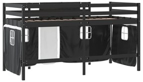 Cama alta criança c/ cortina 90x200cm pinho maciço branco/preto