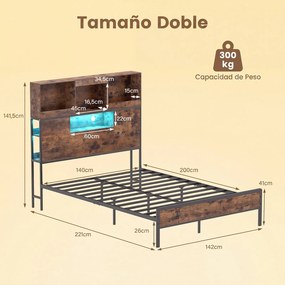 Estrutura de Cama de Casal, 221 x 142 x 141,5 cm (COLCHÃO NÃO INCLUIDO), Iluminação LED Ajustável, Castanho+Preto