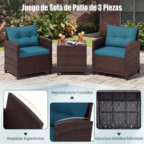 Conjunto de 2 Cadeiras de Exterior e Mesa Auxiliar, 67 x 64 x 77 cm, Ratan PE Entrançado à Mão, Castanho e Azul