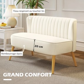 Sofá pequeno de 2 lugares  117 x 56,5 x 77 cm, sofá de sala em tecido com aspeto de linho, assento almofadado e pés em madeira de seringueira, creme