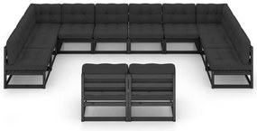 12 pcs conjunto longue jardim c/ almofadões pinho maciço preto