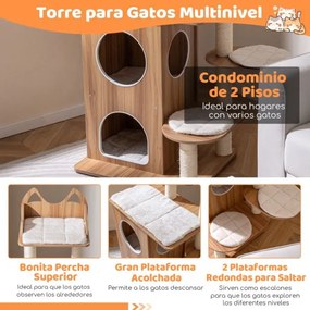Arranhador para gatos em madeira 81 x 57 x 122 cm com vários níveis, caverna de 2 andares, postes de sisal, 3 plataformas e almofadas laváveis, natura