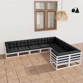 vidaXL 9 pcs conj. lounge de jardim c/ almofadões pinho maciço branco
